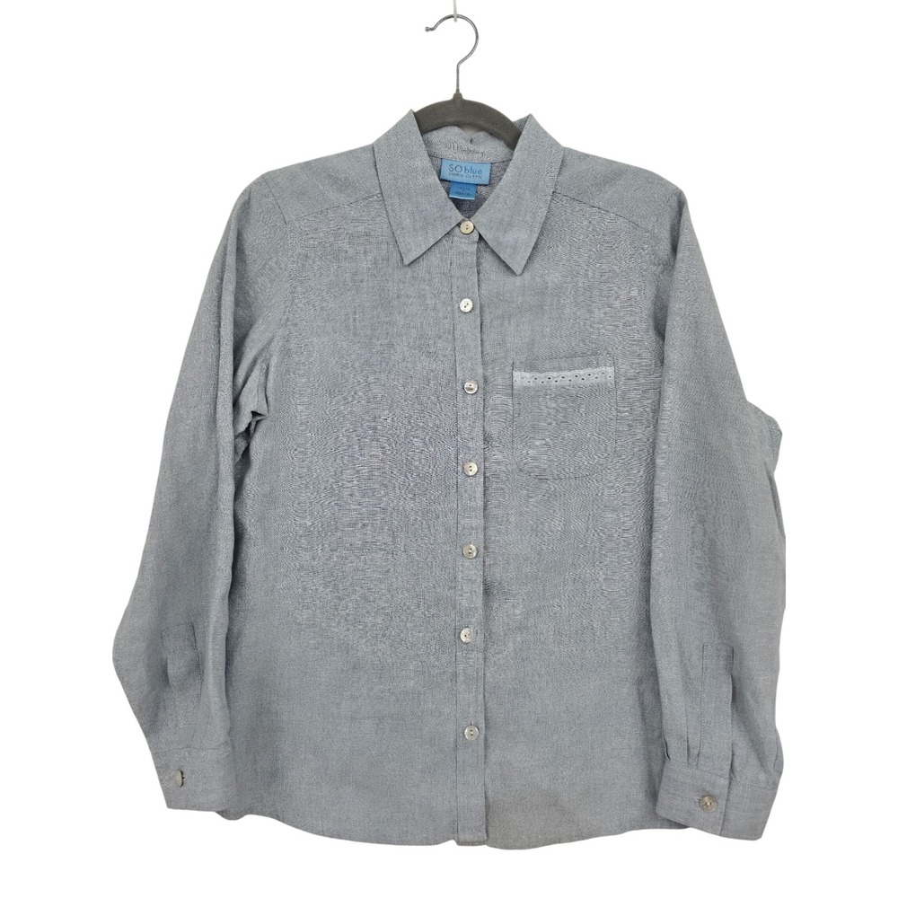 Sigrid Olsen SO Blue Linen Button Down Shirt Womens Petite Small Light Blue PS